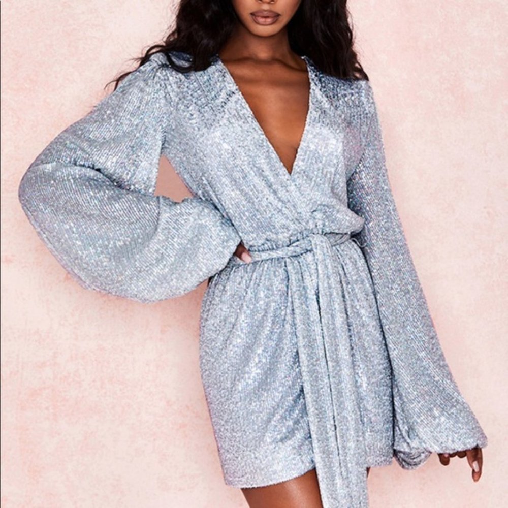 House of CB Verina silver sequin wrap dress